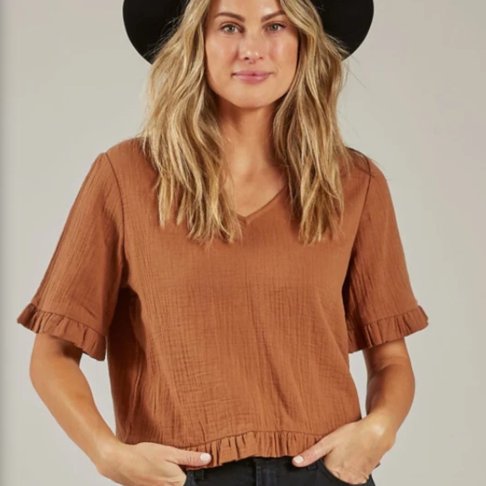 Rylee + Cru Rust V-Neck Ruffle Crop Top